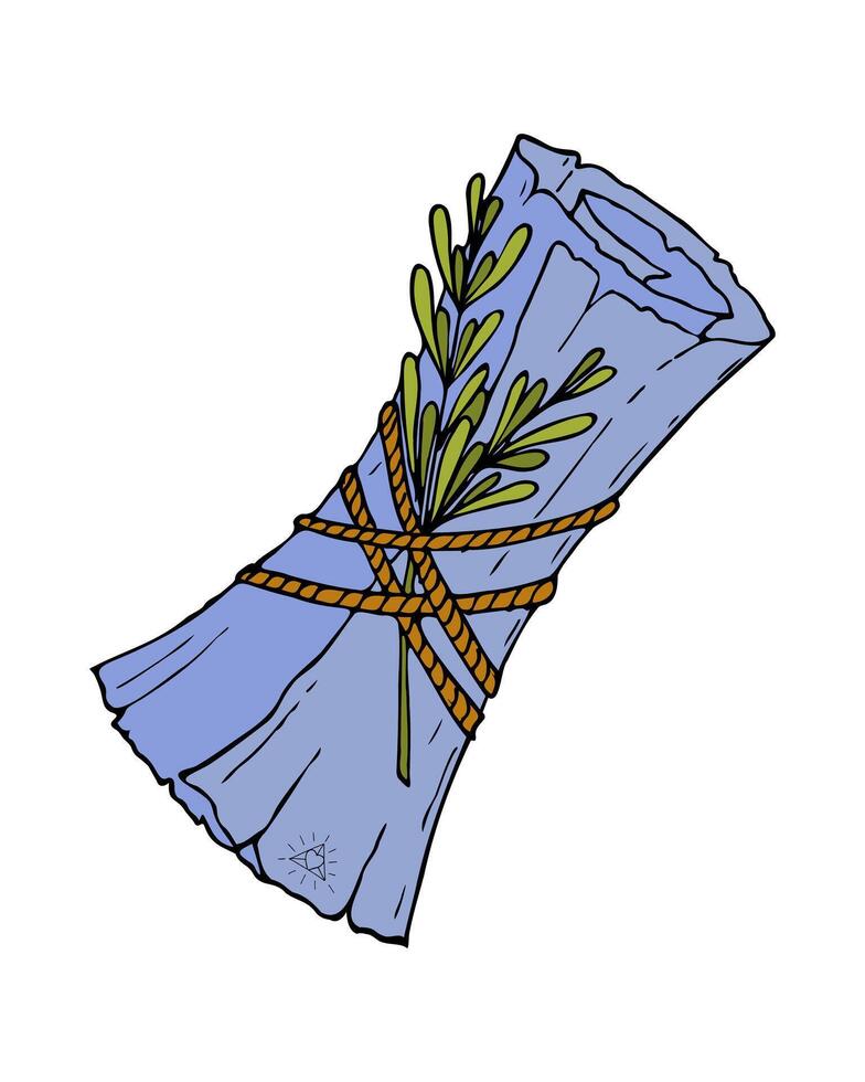 Scroll with branch of rosemary tied with rope, witchcraft, conspiracies, spells, halloween attribute, hand drawn doodle, colors scroll with torn edge texture. vector
