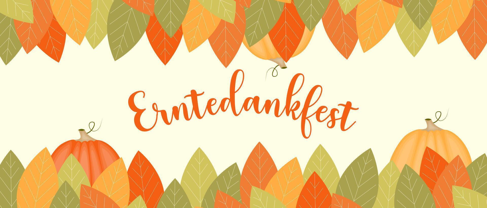Card with german text Erntedankfest, translation of Thanksgiving with pumpkins and leaf. vector