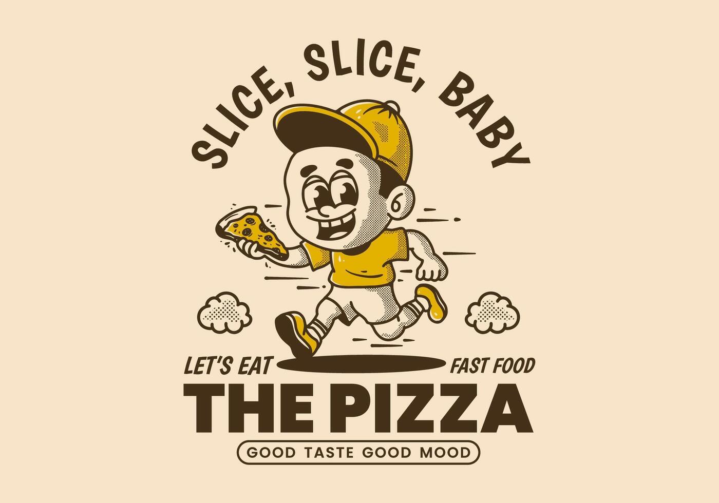 Let's eat the pizza, illustration of a little boy running and holding a slice of pizza vector