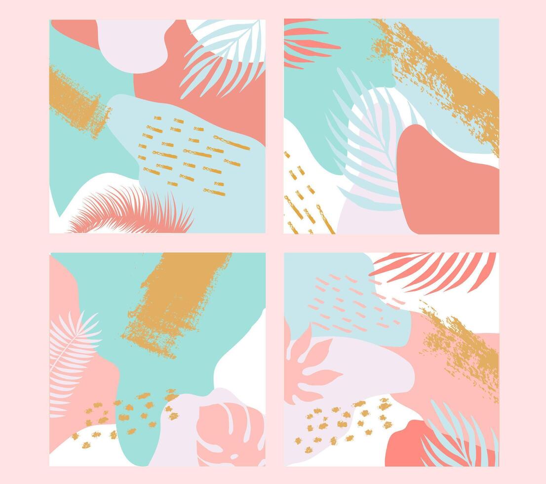 Abstract tropical pastel Memphis-styled cards collection with tropical elements. vector