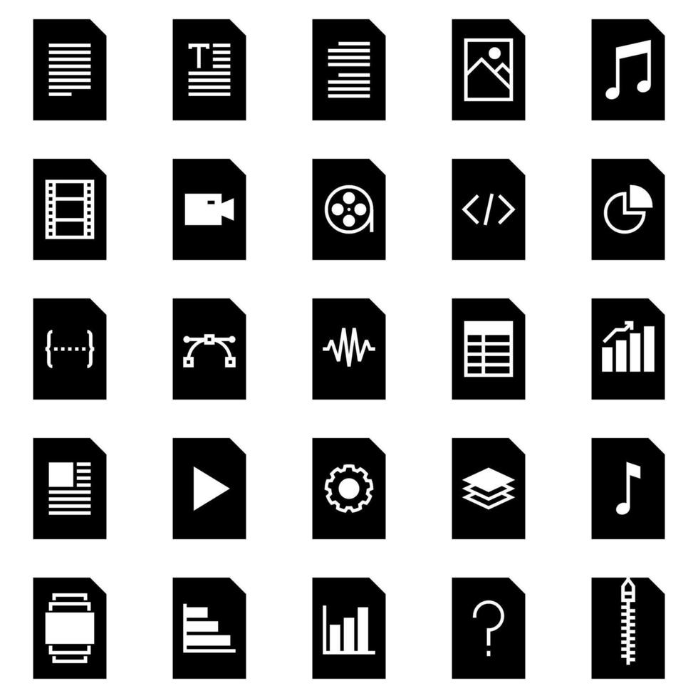 File type icons, in glyph style, for a variety of office uses and user interfaces including doc, pdf, video files, audio files, music, text, txt, jpg, and spreadsheet. vector