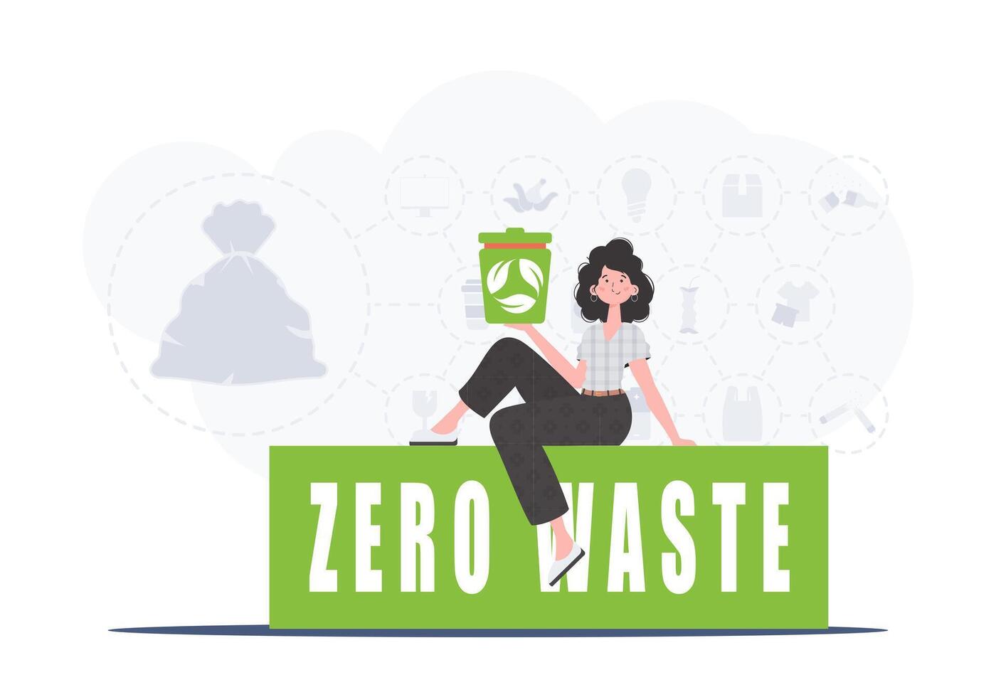 un mujer se sienta y sostiene un basura lata en su mano. el concepto de ecología y reciclaje. vector ilustración plano de moda estilo.