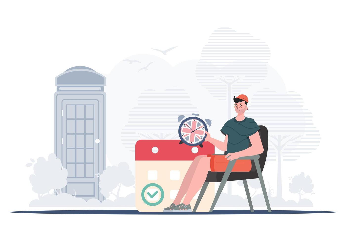 The concept of teaching English. A man, a calendar with a marked date and a clock. trendy style. . vector