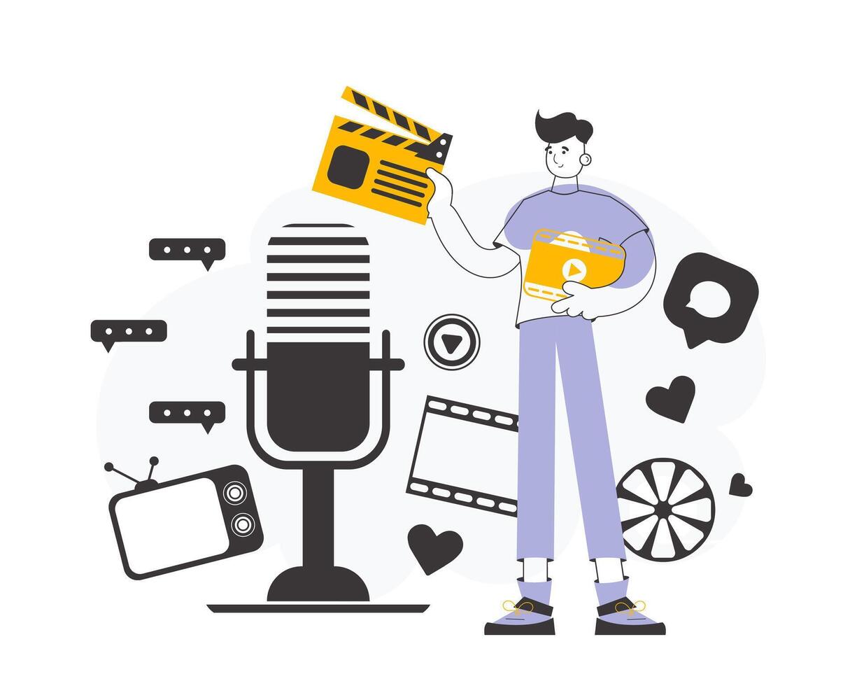 Trendy style line art. Blogger guy. The concept of social networking. Vector. vector