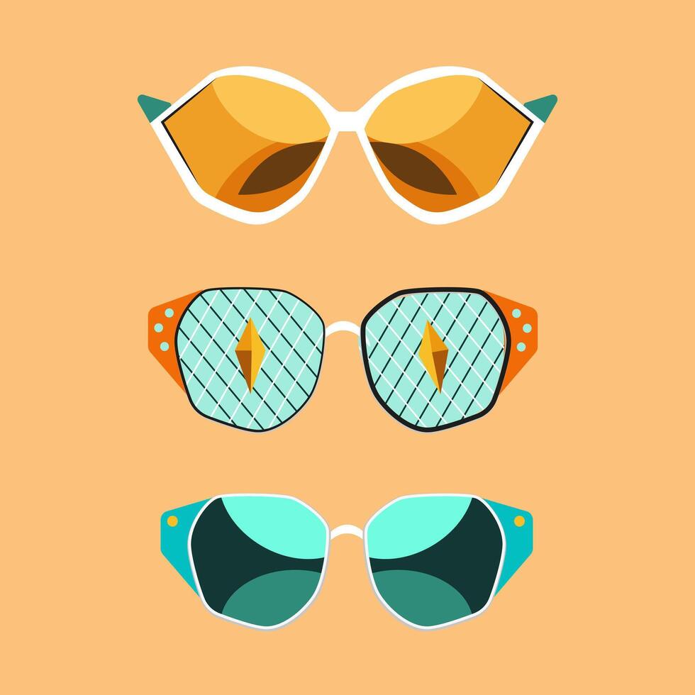 conjunto de geométrico resumen gafas de sol.70s retro hippie estilo.vibraciones miedoso los anteojos con deco elementos.vintage nostalgia psicodélico elementos. vector