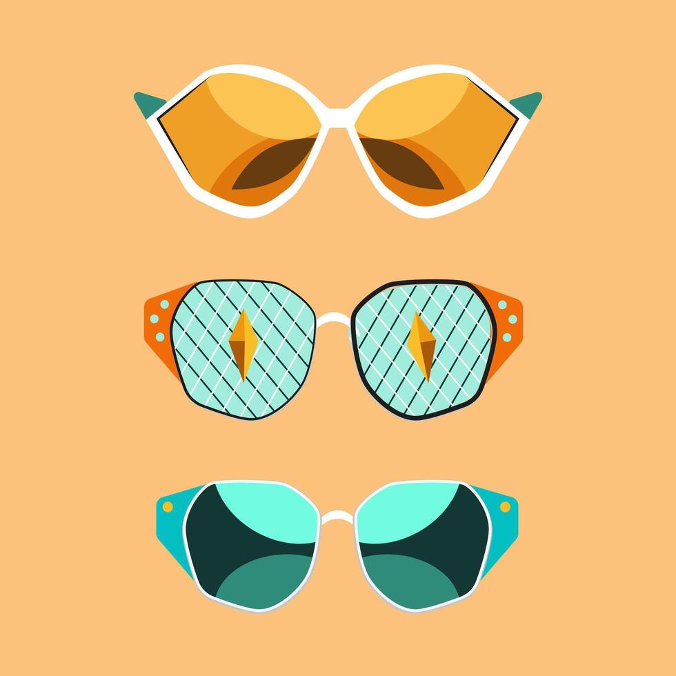 Set of geometric abstract sunglasses.70s retro hippie style.Vibes funky eyeglasses with deco elements.Vintage nostalgia psychedelic elements. vector