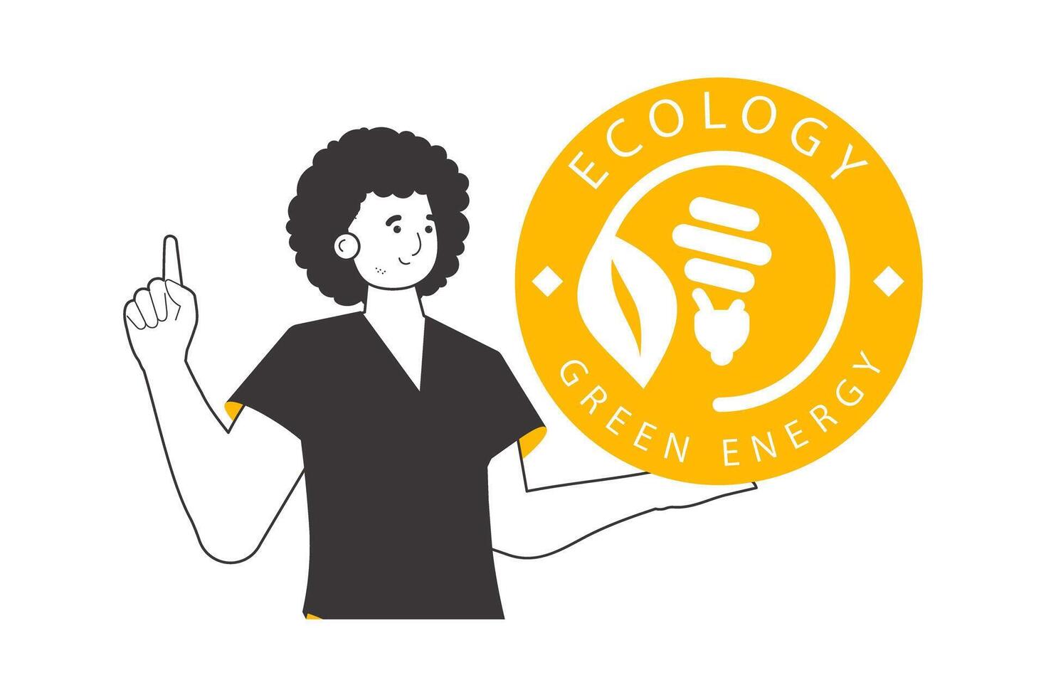 The guy holds the green energy logo in his hand. Linear modern style. Isolated on white background. illustration. vector