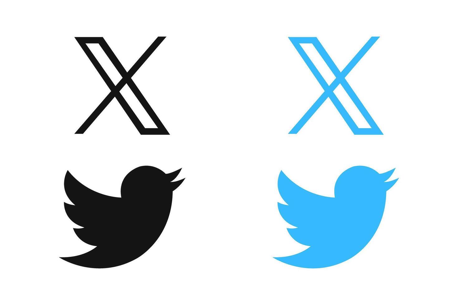 X New Twitter icon. Twitter rebrand little bird to X letter symbol. Twitter X new logo vcetor. Elon Musk change social media logo Novation. Set of Twitter new and old round and square logo. vector