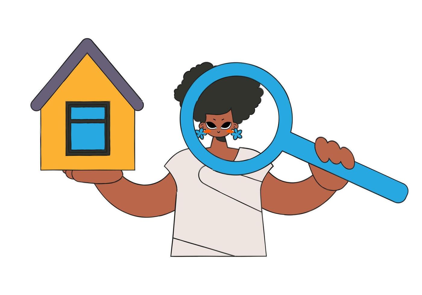 Real estate realtor woman holding a house and a magnifying glass. House ownership. vector