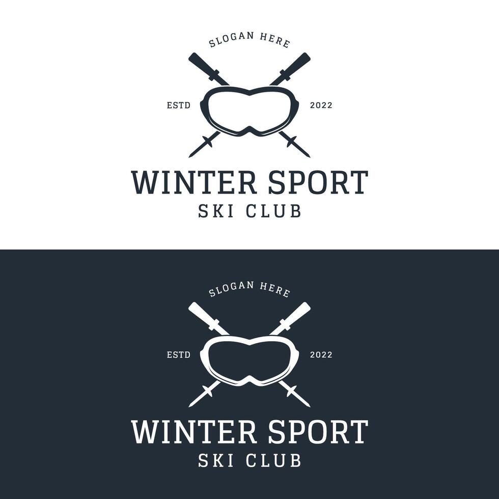 Retro ski sport template Logo element on vintage winter, with skis and mountain.Logo for ski sport, club, badge and label. vector