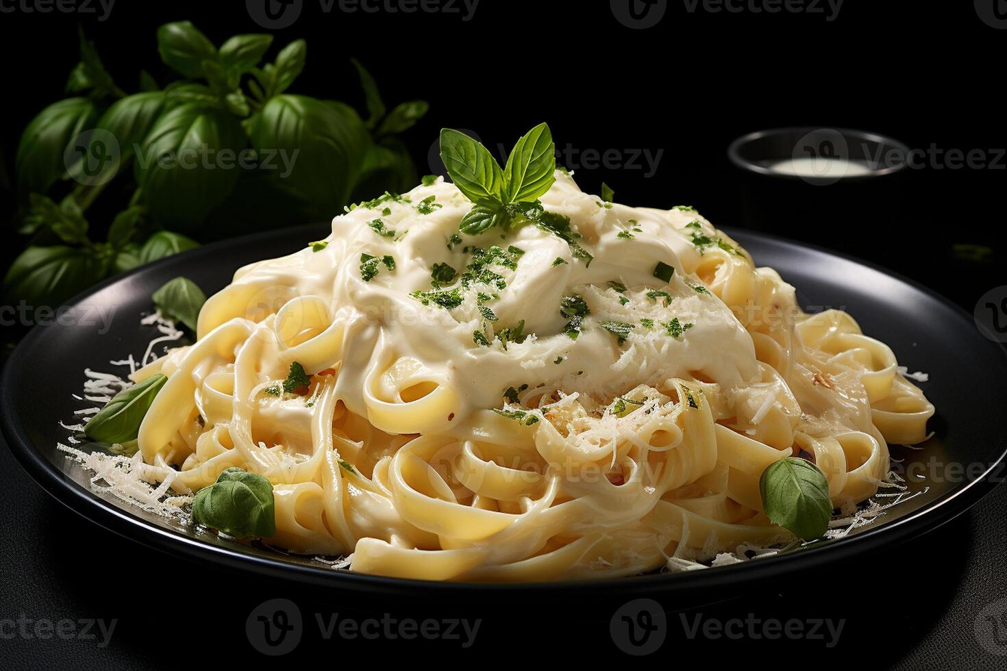 A Gourmet's Fettuccine Alfredo with Parmesan Cheese. Generative By Ai photo