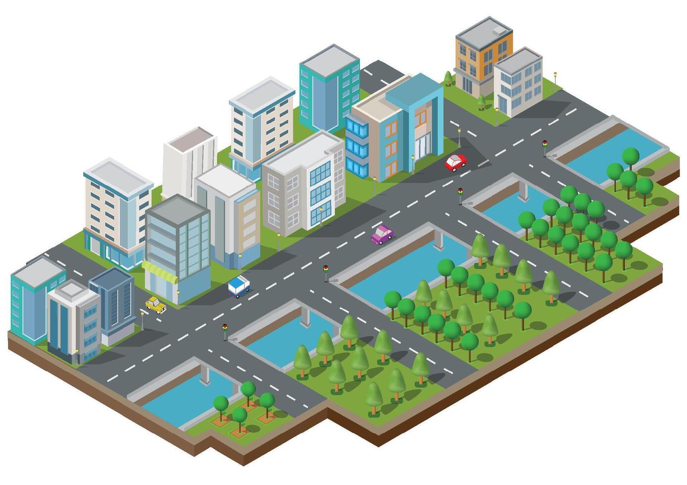 isométrica edificio vector.ellos son en yarda con la carretera y árboles.inteligente ciudad y público parque.edificio 3d,coches,capital , vector oficina y metrópoli concepto.