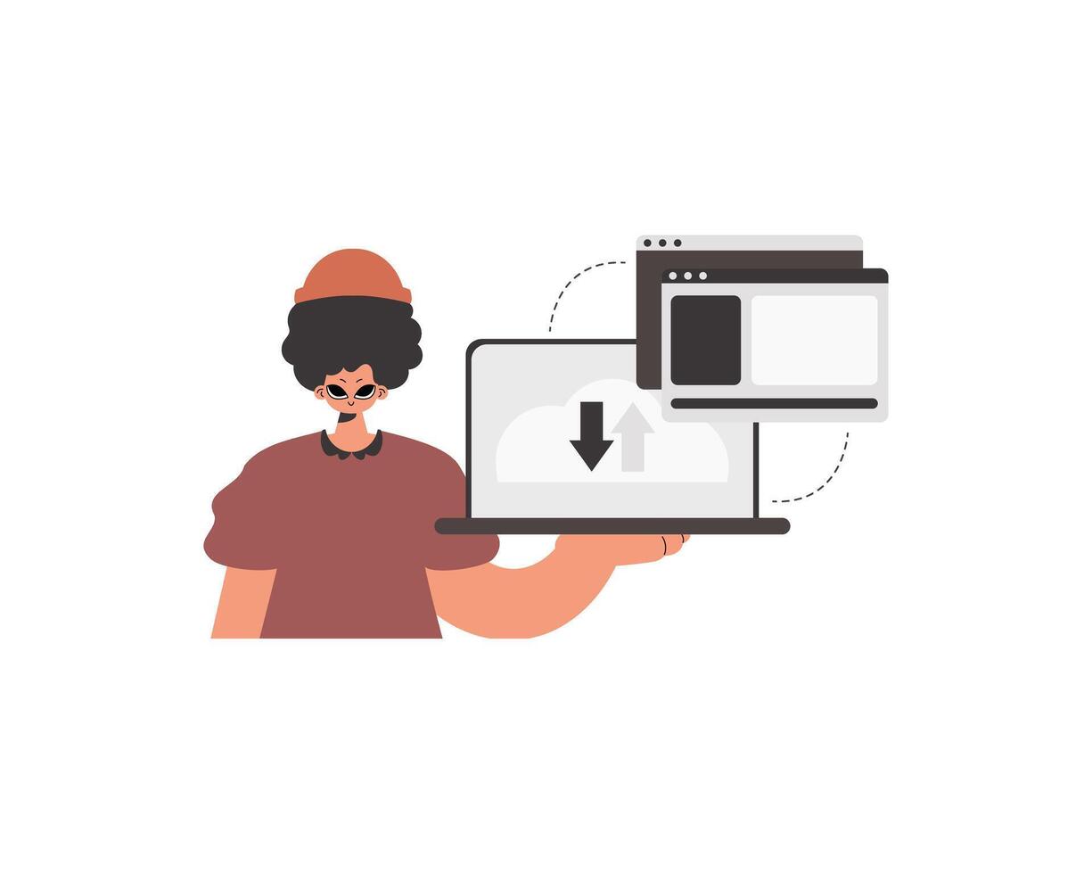 A person holding a laptop with a file icon on it vector