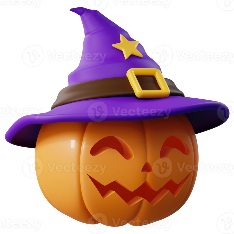 3d halloween pompoen met tovenaar hoed.halloween ontwerp element in 3d en plastic tekenfilm stijl.halloween pompoen 3d stijl voor poster, banier, groet kaart png