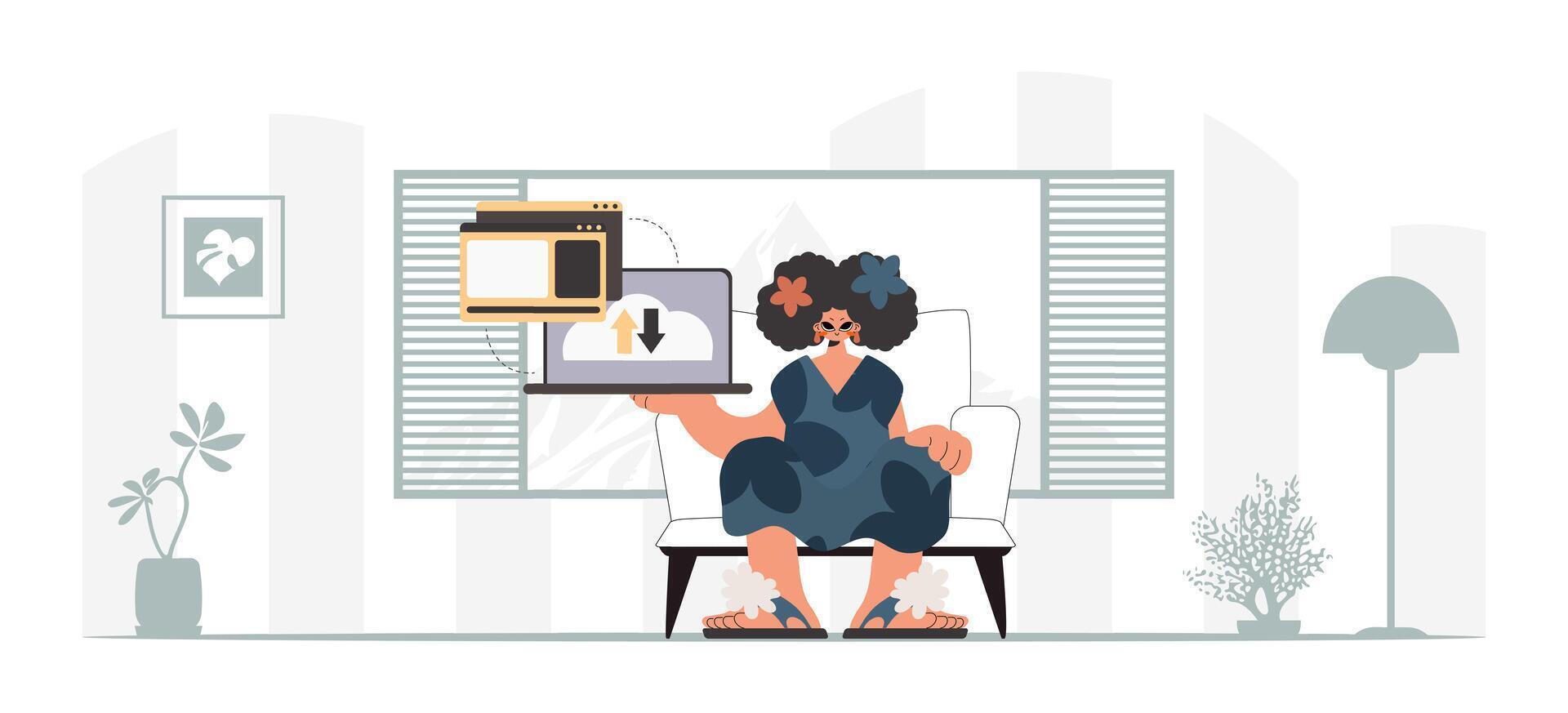 A woman is sitting in front of a computer screen vector