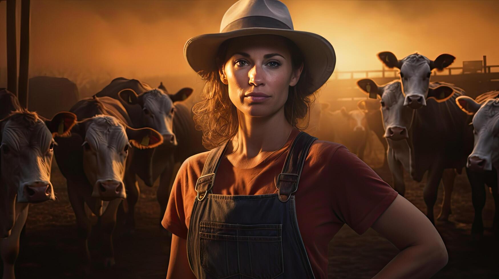 Happy female farmer standing with cows at the cattle farm.Female farmer raising cows photo