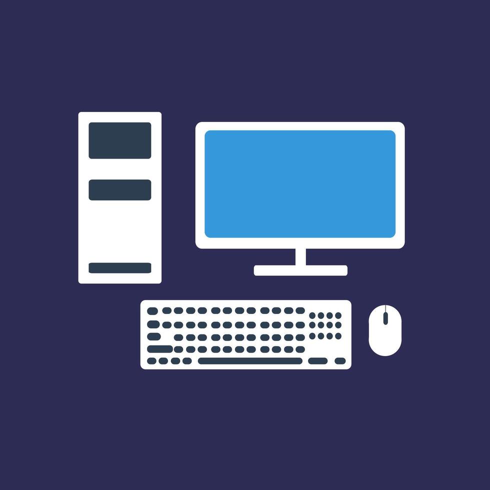 A flat computer icon in vector format, featuring a dark-themed background, conveying the concept of a personal computer.