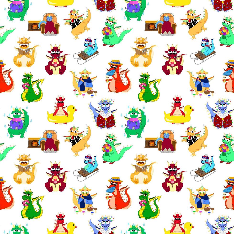 Seamless pattern with  Funny fantasy characters dragons vector
