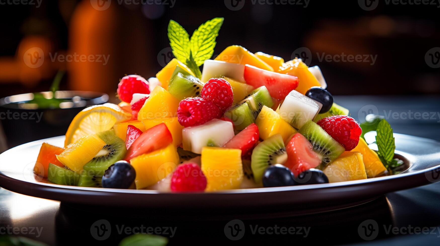 foto de tropical Fruta ensalada con miel-lima vendaje como un plato en un gama alta restaurante. generativo ai