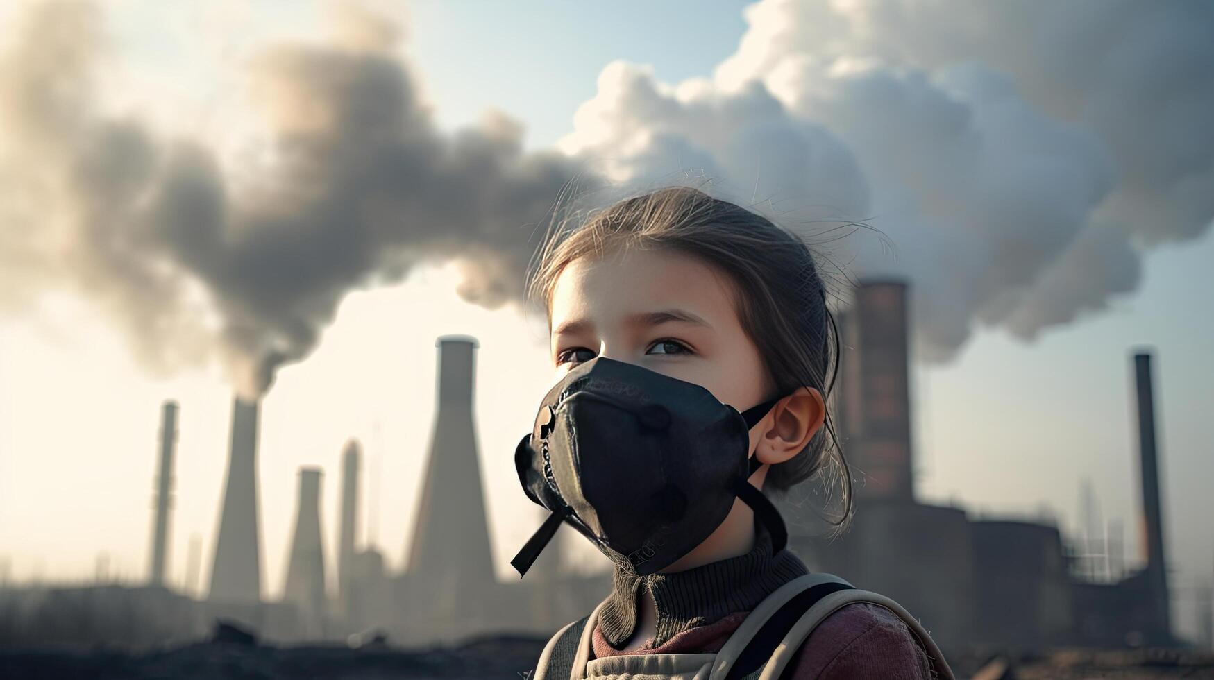 Children wearing masks to prevent air pollution Behind is the factory smokestack. photo