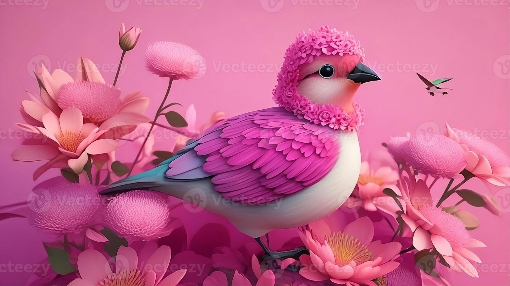 Vividly Abstracted, A 3D Styled Colorful Illustration Image with Birds and Flowers. AI Generated photo