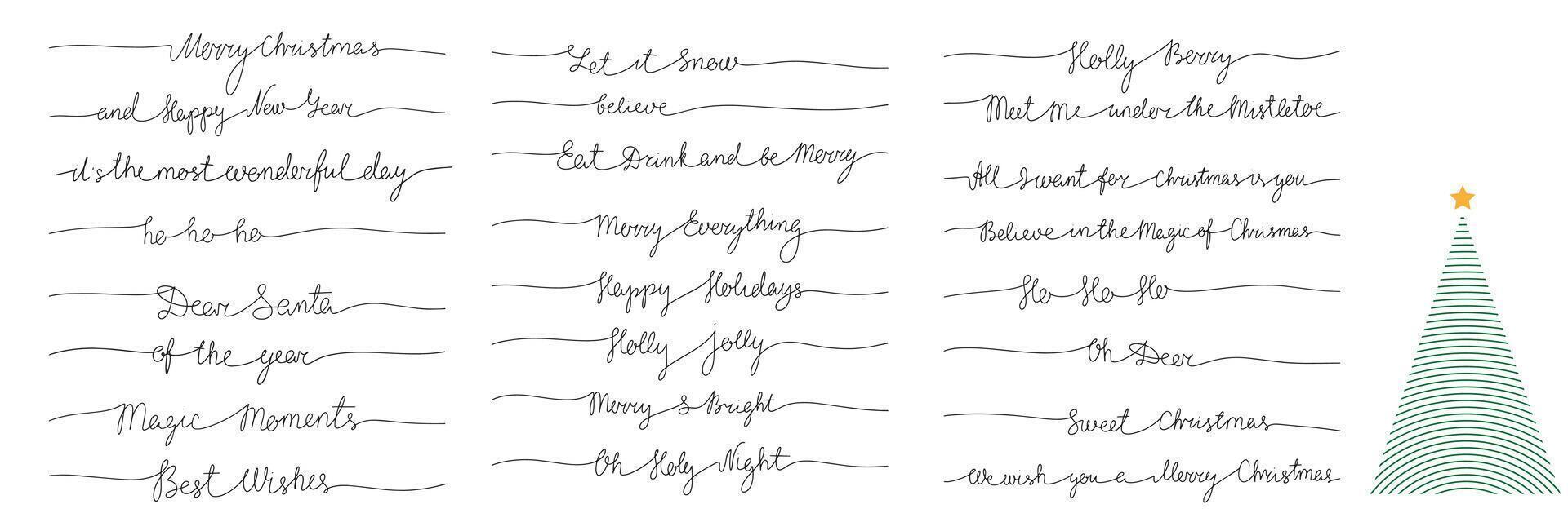 colección de Navidad corto frases como uno línea continuo texto. línea Arte Navidad texto colocar. escritura Navidad texto bandera. vector ilustración.