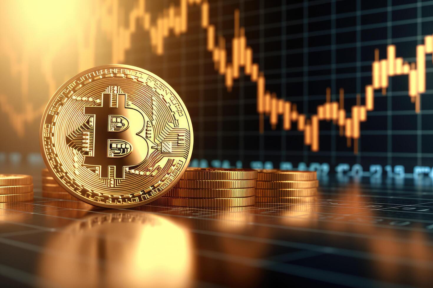 golden bitcoin with stock market chart background. 3d illustration, Digital currency physical gold bitcoin coin on stock market chart background. 3D Rendering, AI Generated photo