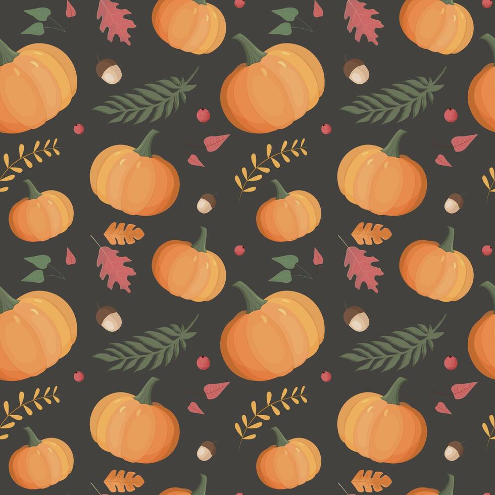 Autumn pattern with pumpkin, leaves. Autumn background, vector seamless pattern.