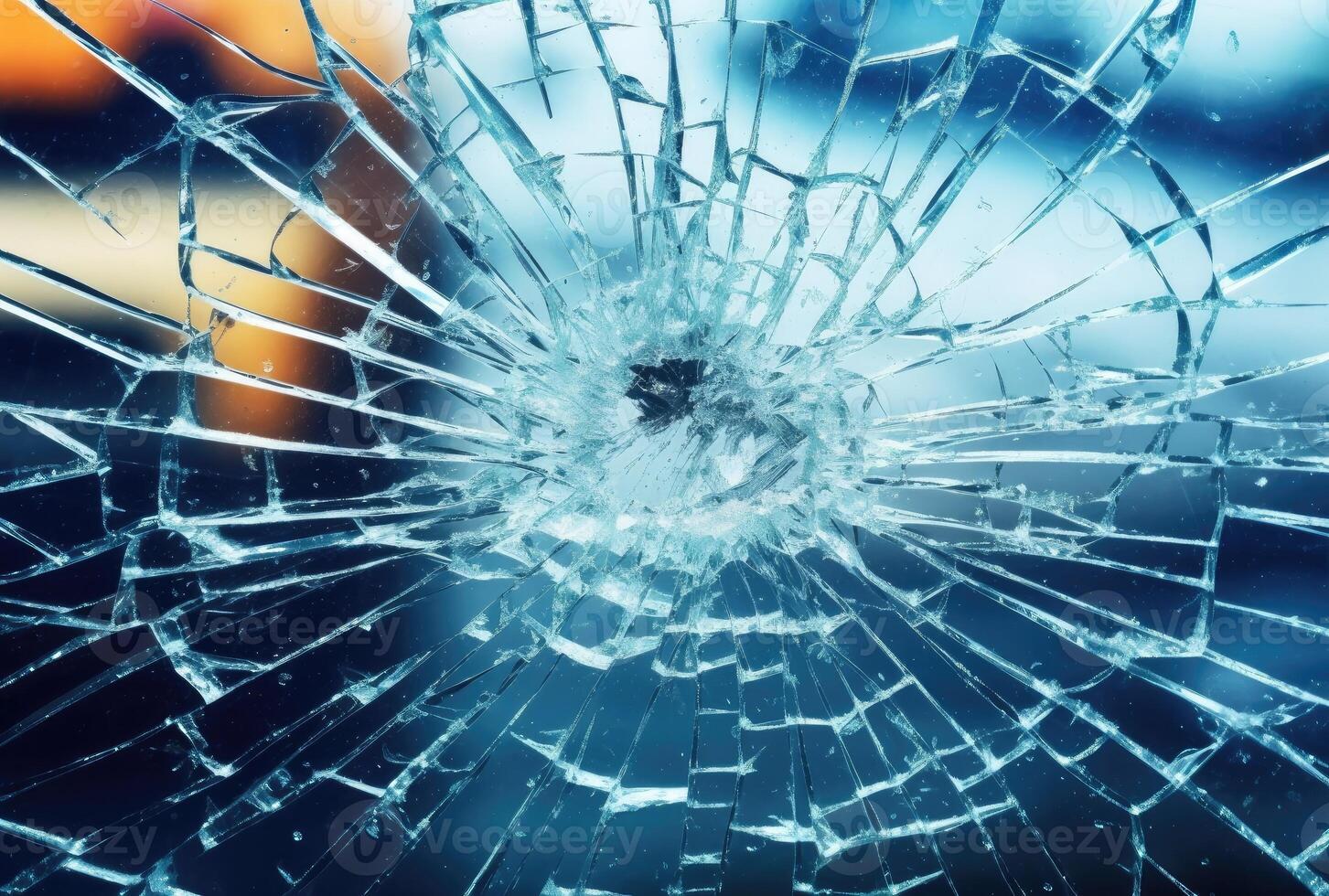 A glass surface that took a bad hit and broke, featuring a big scary hole maybe a bullet created with technology photo