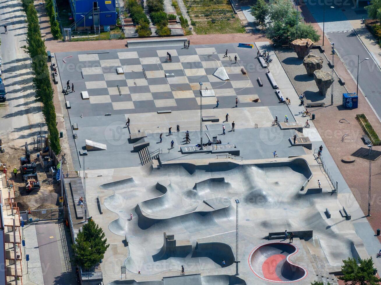 Aerial view of the skate park in Malmo, Western Harbour district. photo