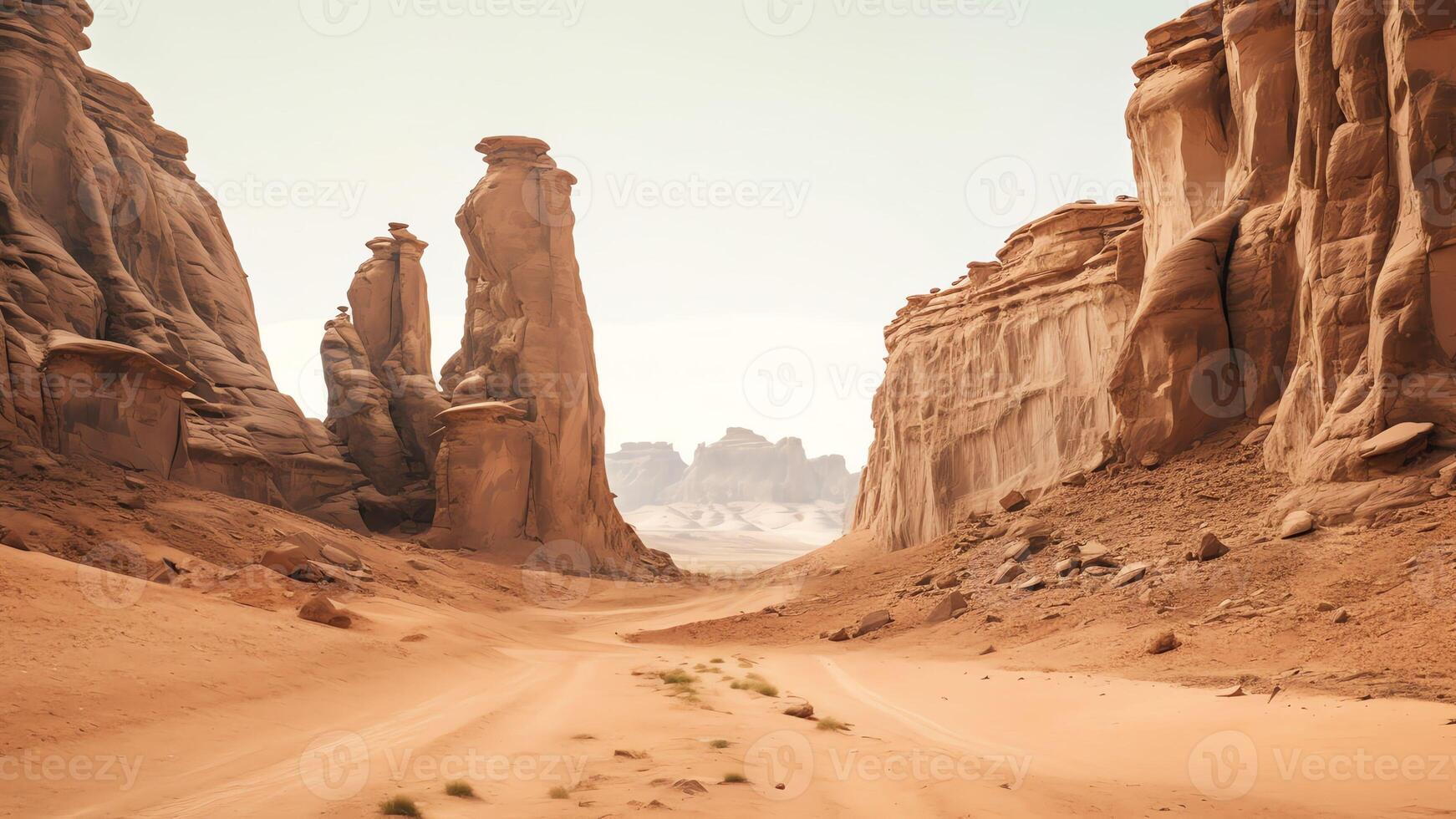 AI Generative Landscape scenic view of desolate barren western desert in Egypt with rocky vista and entrance to underground Djara Cave photo