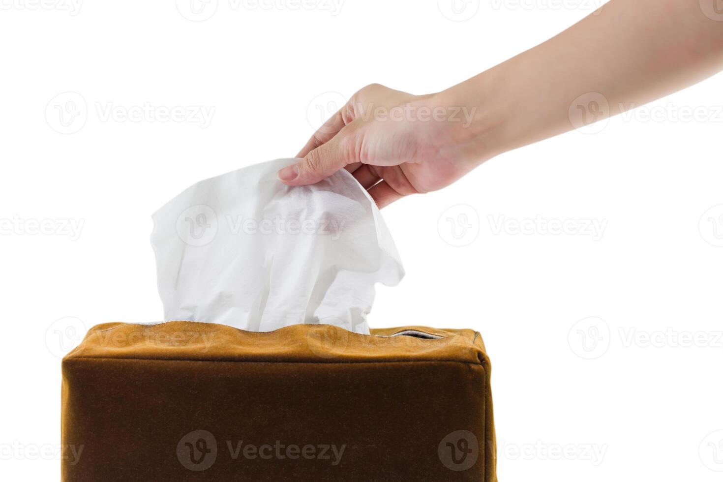 Female hand cauching tissue isolated white background. photo