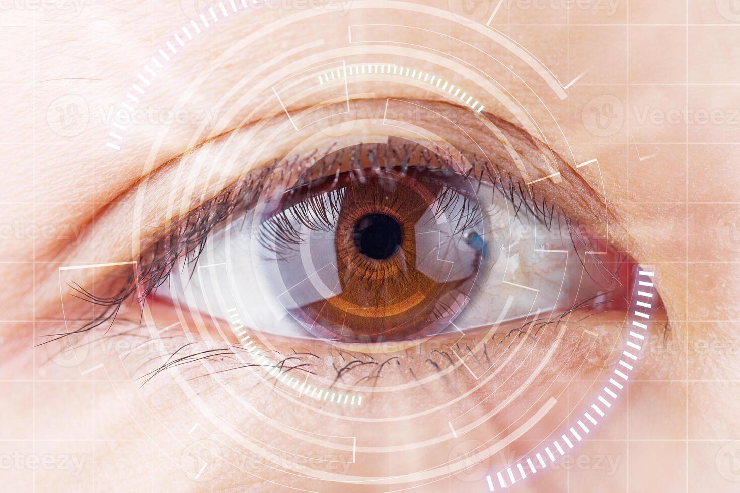 Close-up brown eye the future cataract protection , scan, contact lens. photo