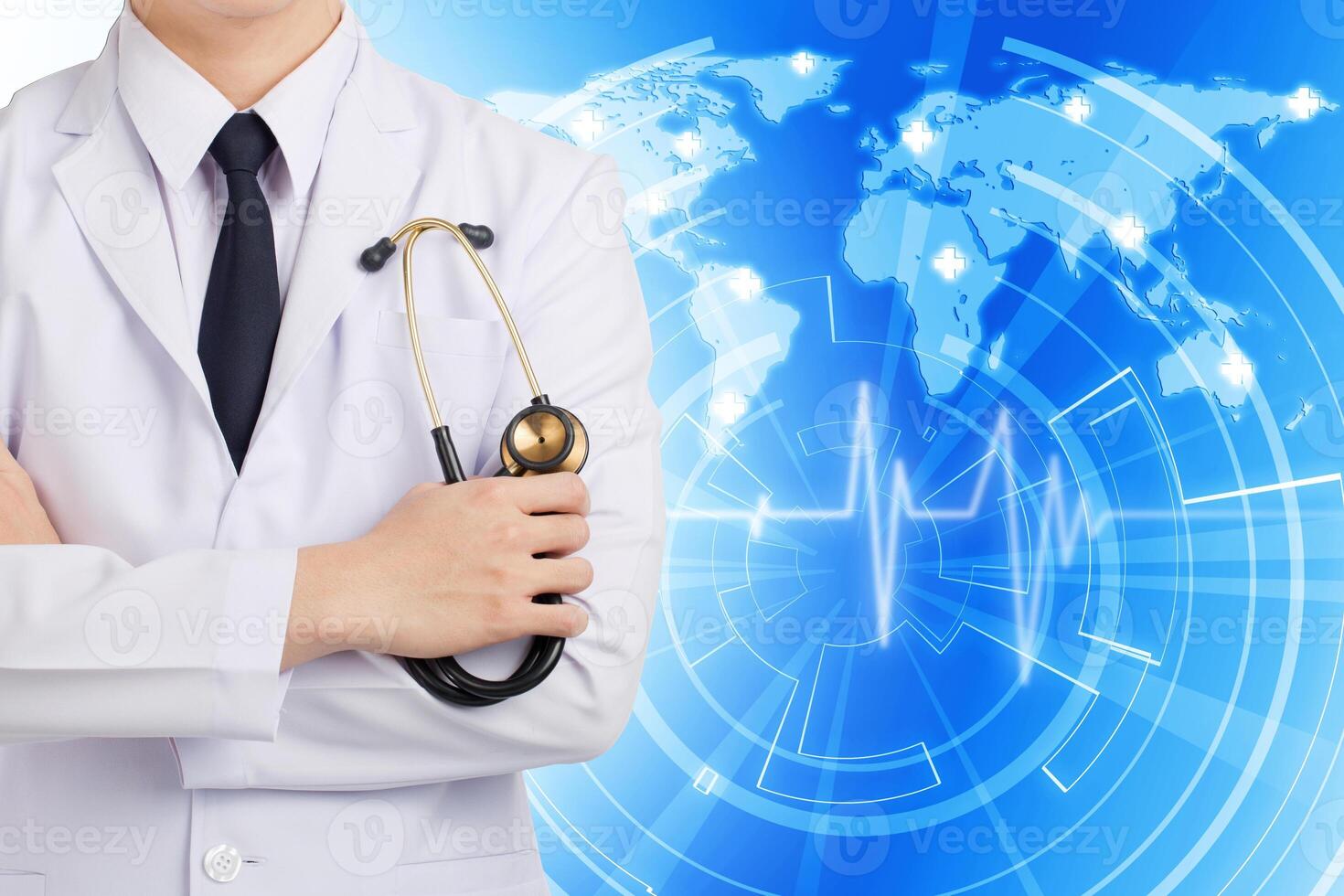 Doctor man posting and holding stethoscope on global network background. photo