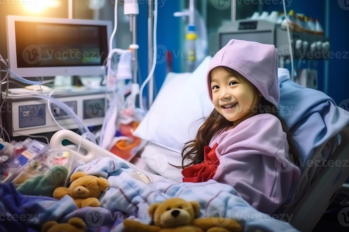 AI Generative Asian little girl wear medical cap uniform hold phonendoscope listens heartbeat to stuffed toy dog heals best friend takes care of him healthcare pediatrician future profession and vocat photo