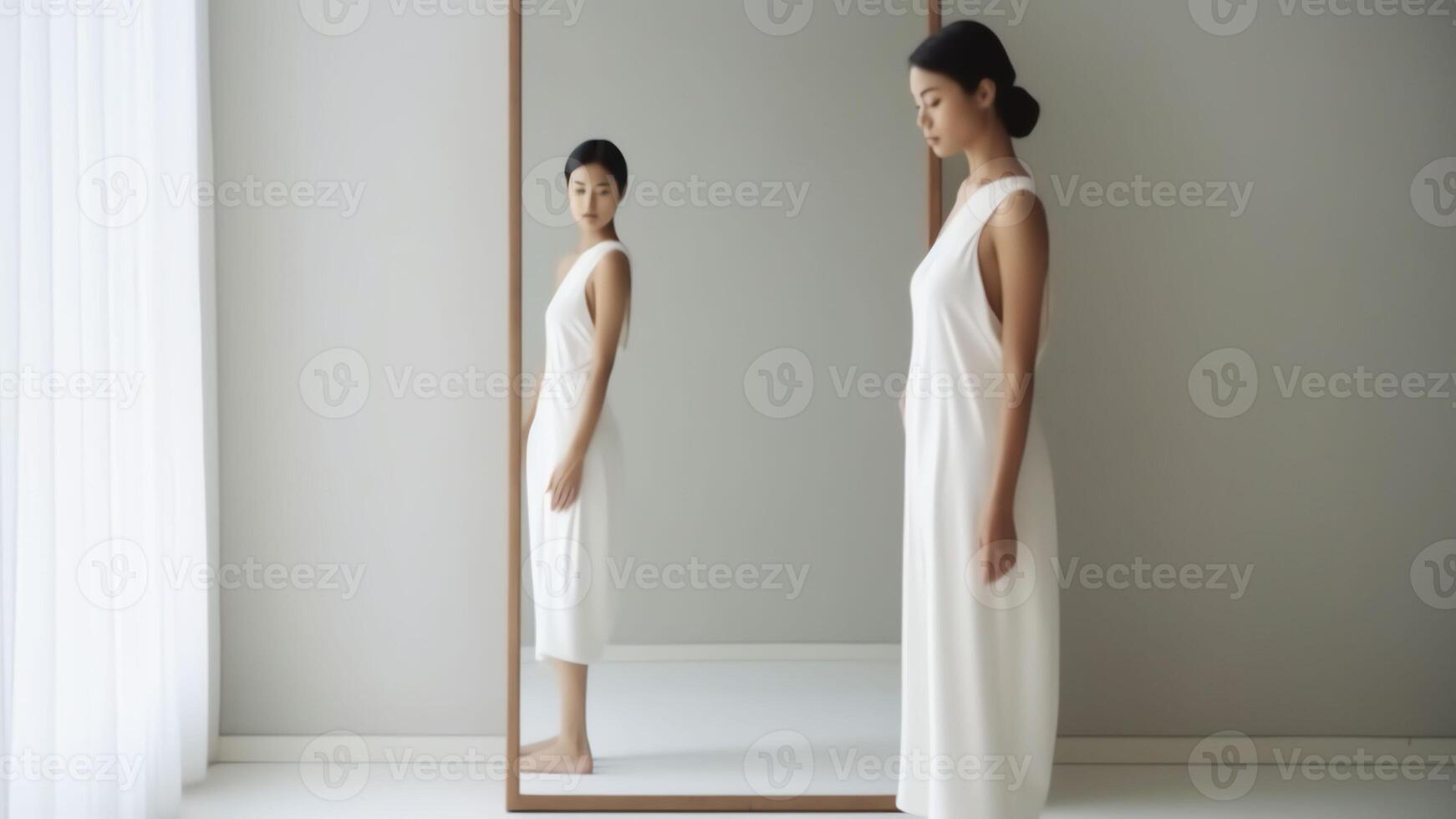 AI Generative Beautiful Hispanic woman wear white bathrobe admire face view looking in mirror while standing in bathroom enjoy facial perfectness after skin procedure applied cream treatment for skinc photo