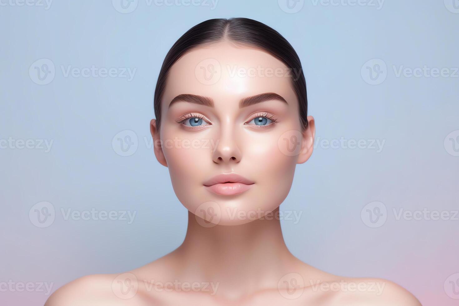 AI Generative Close up portrait of beautiful young woman isolated on blue studio background touch clean healthy skin pretty millennial female model look at camera satisfied with moisturized hydr photo