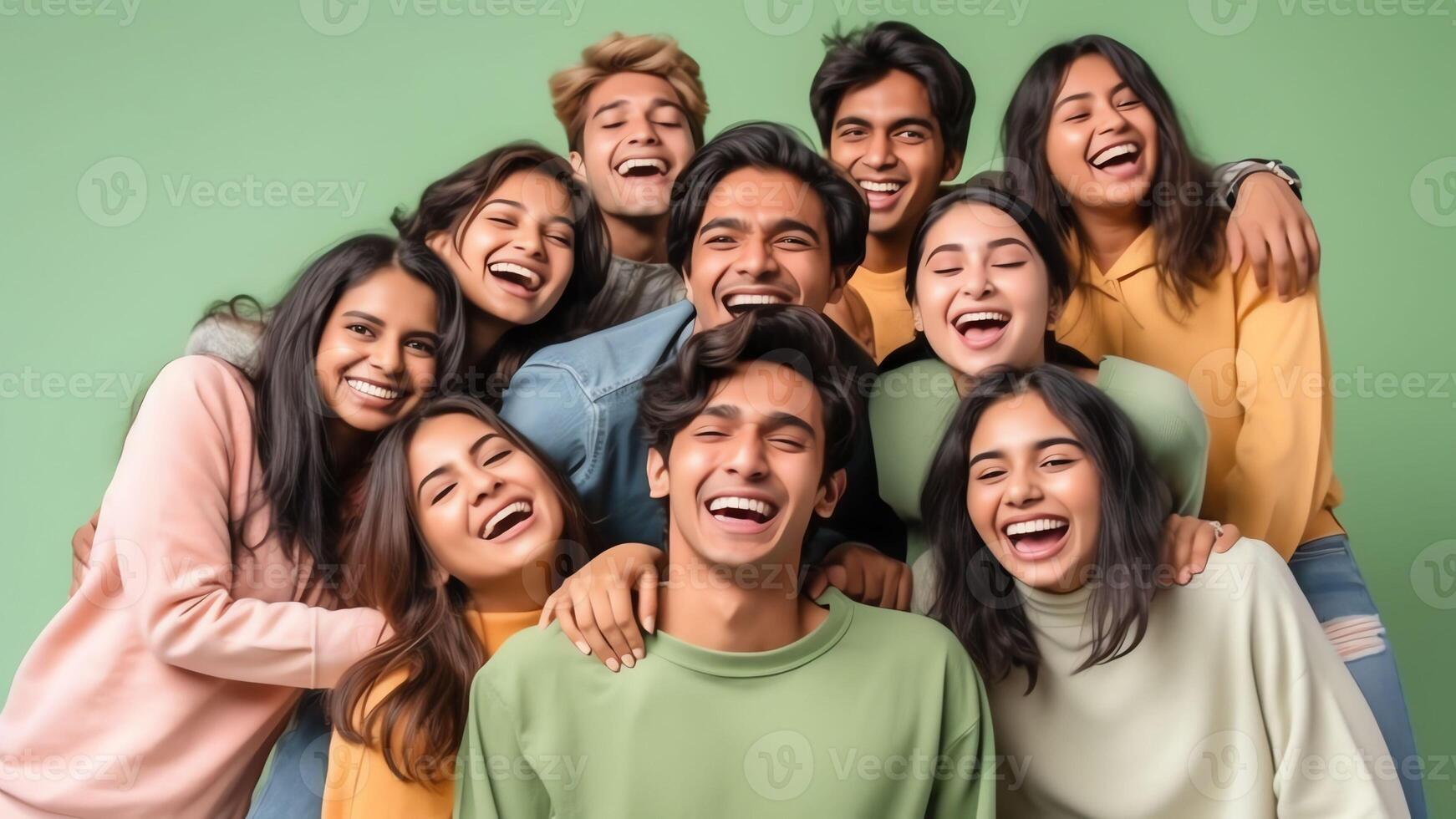 ai generativo contento diverso Universidad amigos escuchando a indio hembra compañero de equipo explicando hogar tarea mezclado carrera grupo de estudiantes que se discute nuevo colegio proyecto ideas juntos preparando para sesi foto