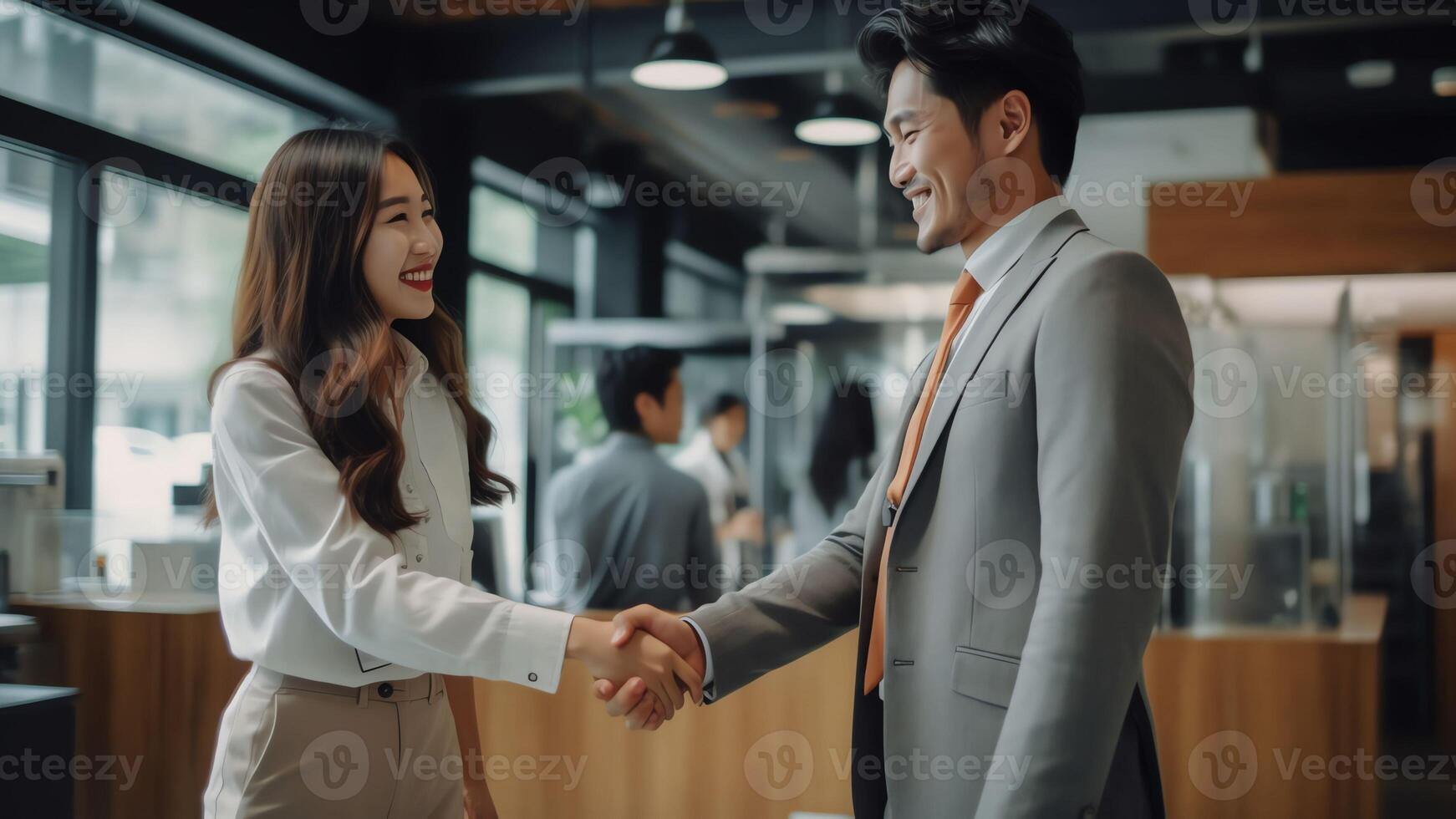 AI Generative Happy millennial asian applicant getting hired shaking hand of hr employer handshaking successful smiling chinese candidate congratulating with job interview win offering employmen photo