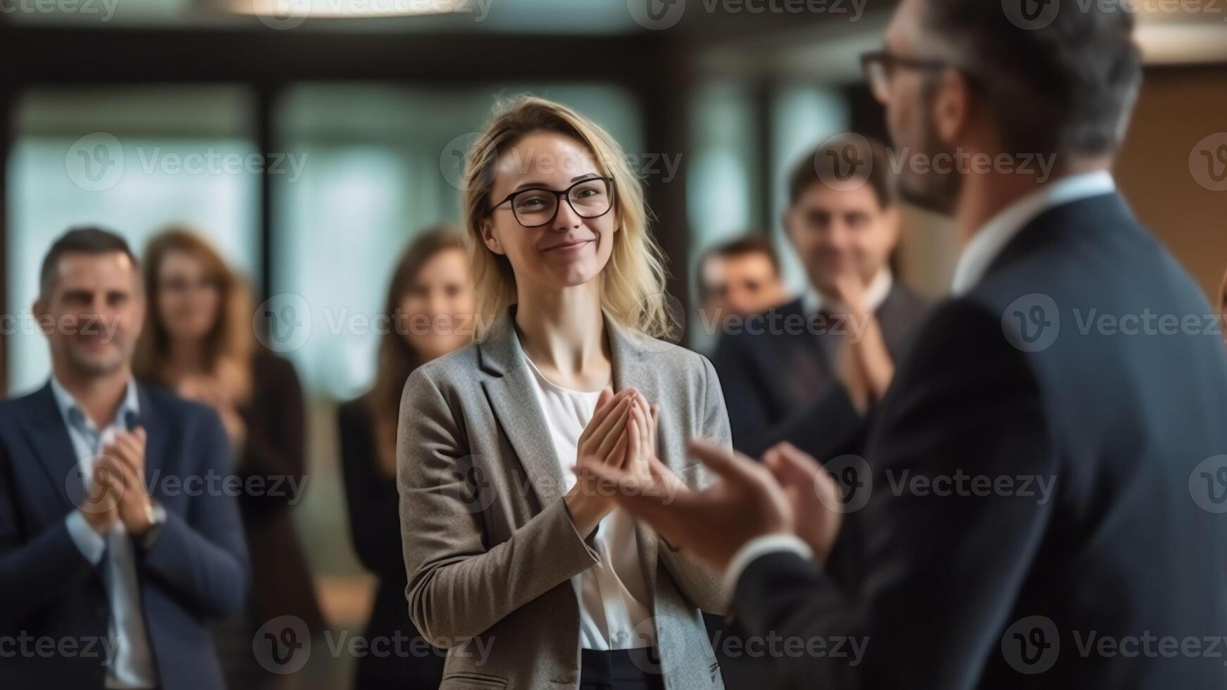 ai generativo sonriente hembra jefe promoviendo gratificante apretón de manos motivado trabajador demostración el respeto mientras equipo aplaudiendo felicitando colega a grupo reunión apreciación y empleado reconocer foto