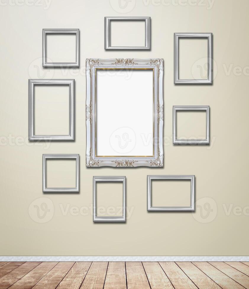 Silver Frame decor on wallpaper with light flare. photo