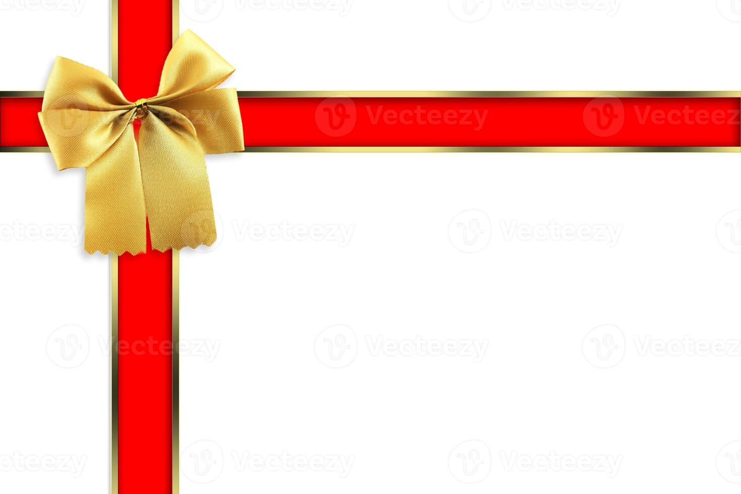Beautiful red ribbon with gold bow isolated white background. photo
