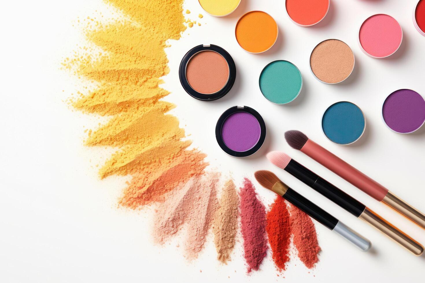 Top view of makeup products set on white background, summertime concept, by . photo