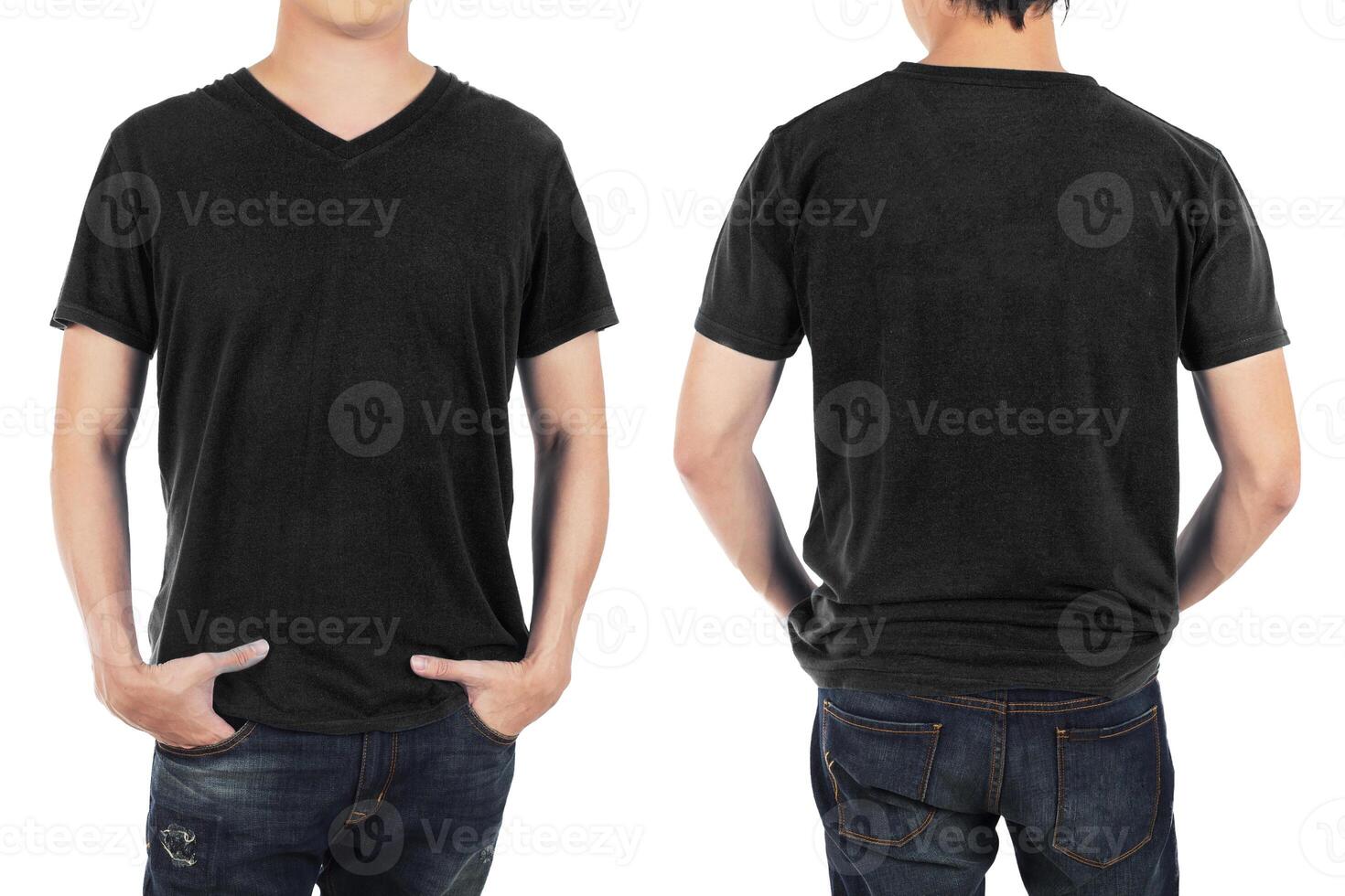 Close up of man in front and back black shirt on white background. photo
