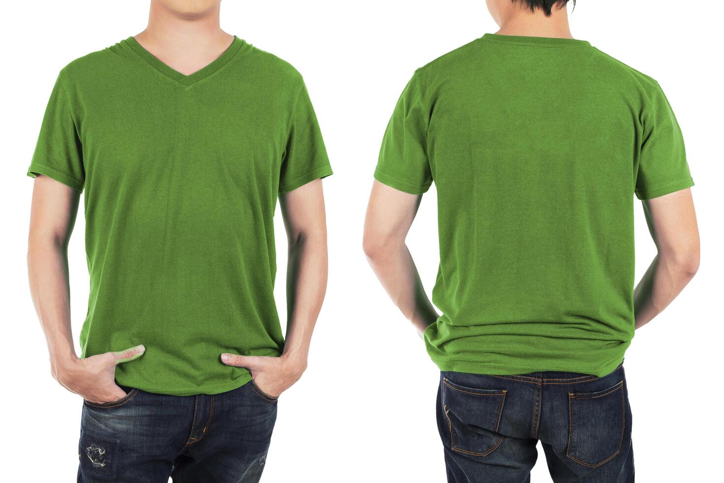 Close up of man in front and back green shirt on white background. photo