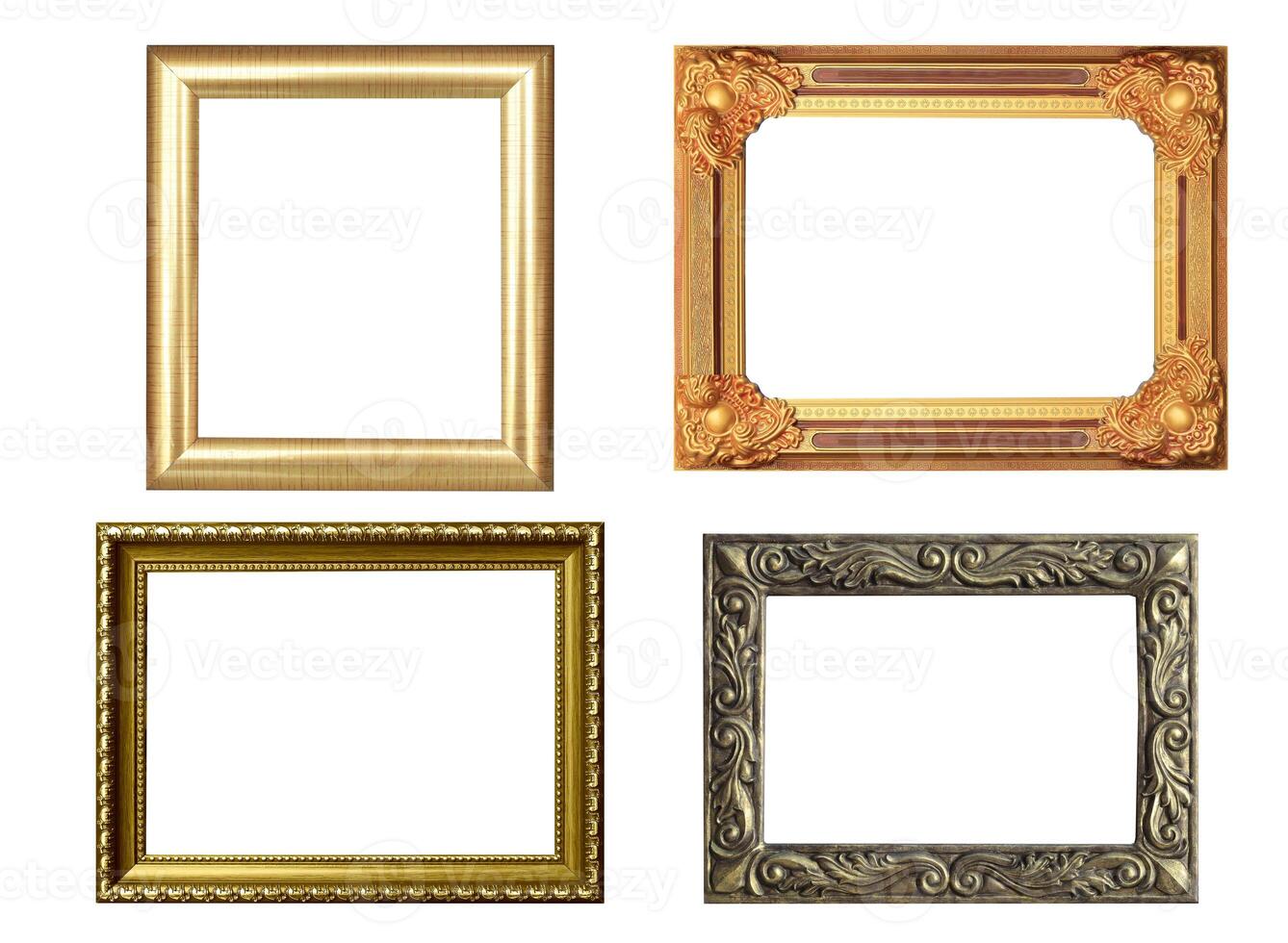 Set of golden frame and wood vintage isolated on white background. photo
