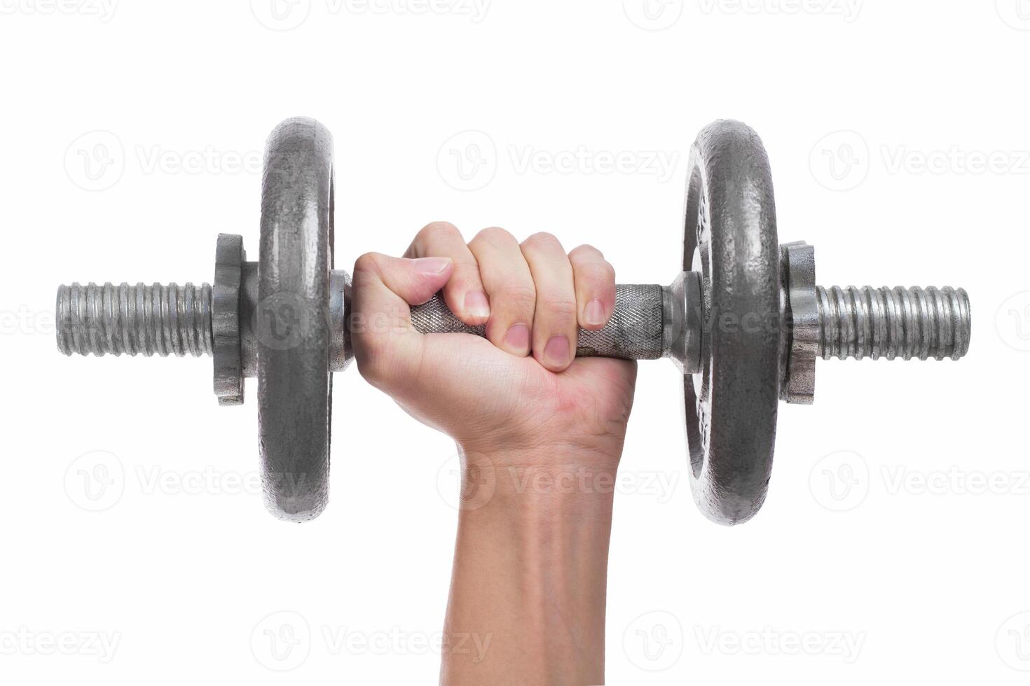 Close up hand men workout dumbbell on white background. photo