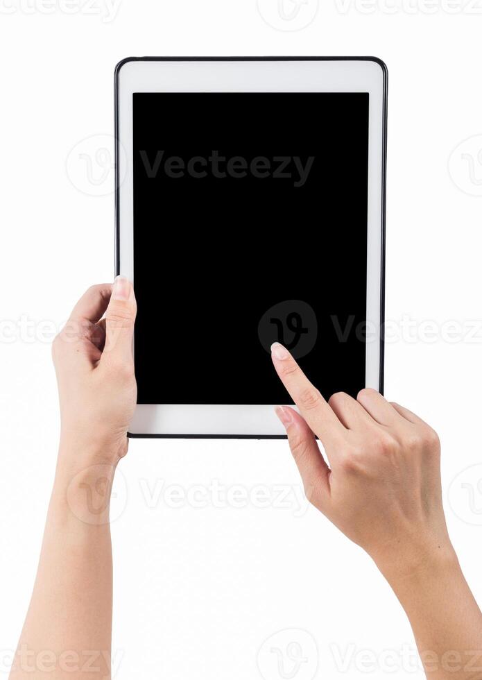 Hands holding tablet vertical white background. use clipping path photo