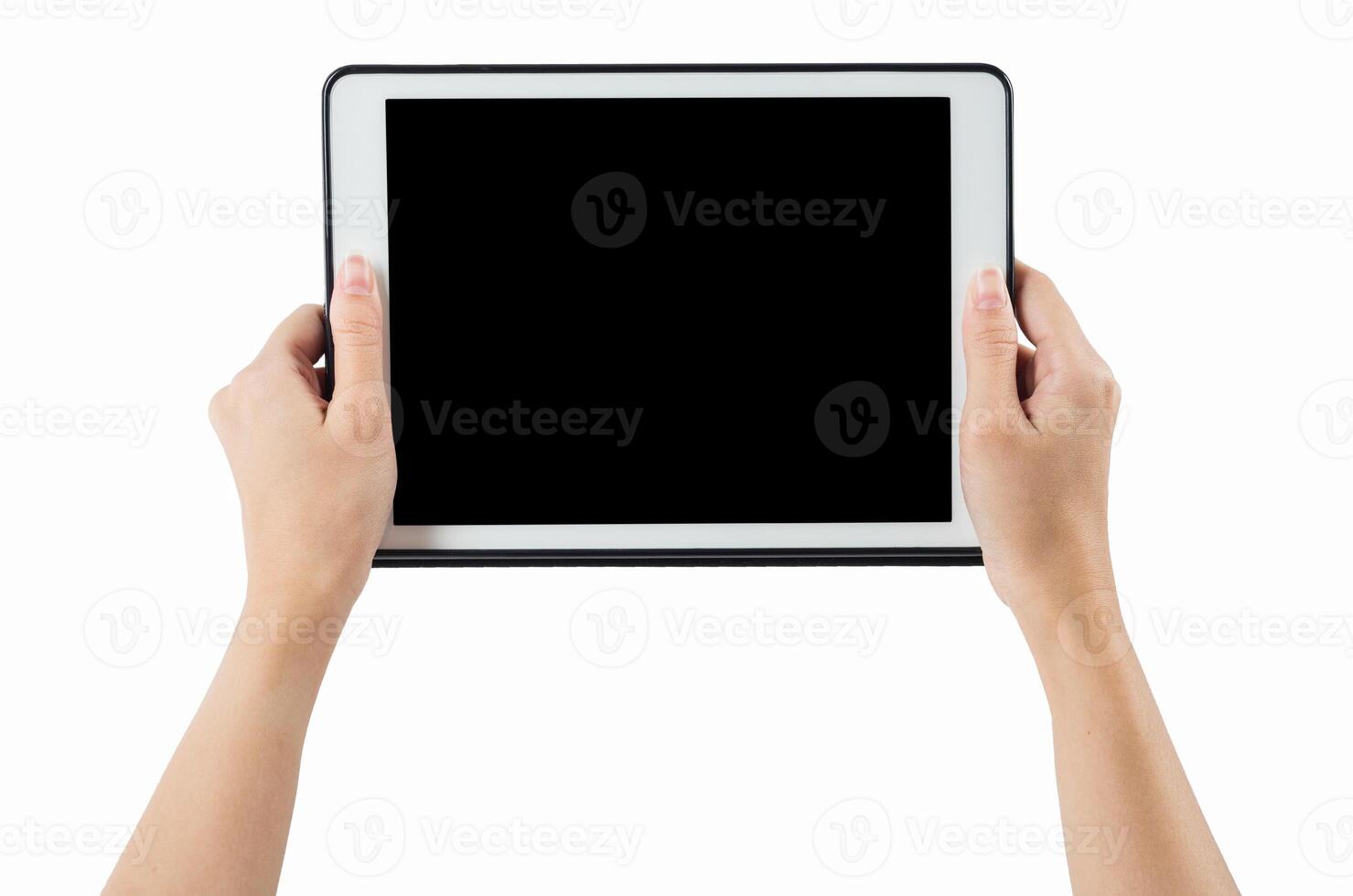 manos participación tableta horizontal en blanco antecedentes. recorte camino foto