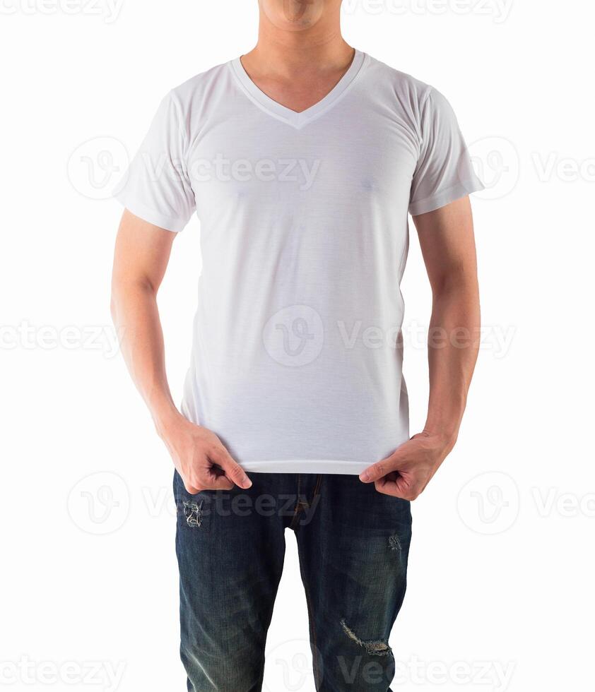 Young man with blank white shirt isolated white background, on front photo